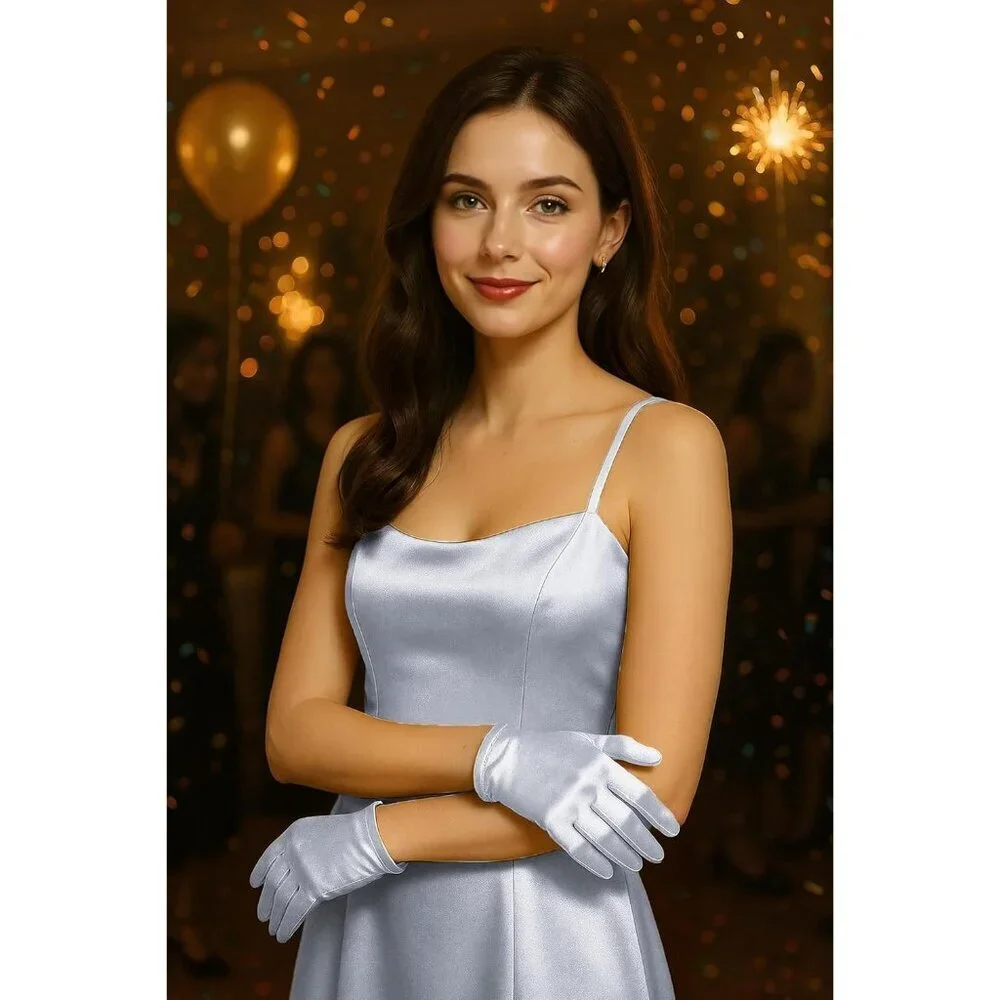 Women's Short Silver Satin Silk Gloves Banquet Wedding Party Costume Accessories
